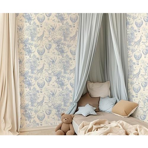 RollsRolla Blue and White Safari Animal Peel and Stick Wallpaper for Nursery and Kids Room - Cute and Whimsical Birthday Party Backdrop, Baby Shower Decor