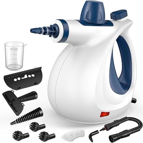 Pressurized Handheld Multi-Surface Natural Steam Cleaner with 12 pcs Accessories, Multi-Purpose Steamer for Home Use, Steamer for Cleaning Floor, Upholstery, Grout and Car (White&Blue)