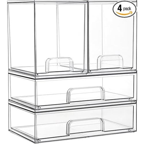 Vtopmart Clear Stackable Storage Drawers Set of 4, Plastic Organizer Bins for Makeup, Cosmetics, Beauty Supplies,Ideal for Vanity, Bathroom,Cabinet,Pantry Organization