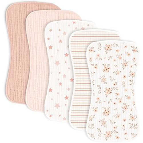 MairMore 5 Pack Muslin Baby Burp Cloths- Neutral Muslin Burping Cloths for Baby Boys Girls and Newborn Towel, Unisex- Large Absorbent Burp Cloths-20 x10 Inches - Pink Flower