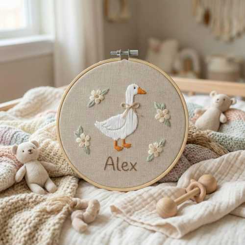Personalized Hand Embroidered Goose Baby Name Hoop, Baby Newborn Sign, Baby Shower Gift, Goose Embroidery Hoop, Nursery Photo Prop