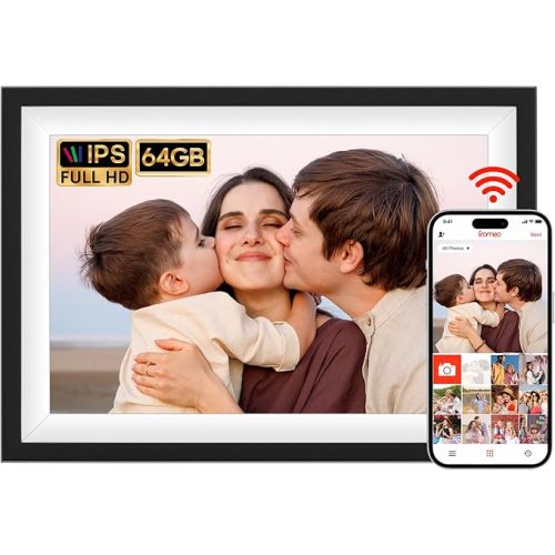 64GB FRAMEO 10.1 Inch Smart WiFi Digital Picture Frame, 1280x800 HD IPS Touch Screen, Wall Mountable, Auto-Rotate Portrait and Landscape, Share Photos/Videos and Send Best Wishes via Free App