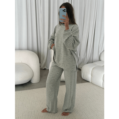 Campbell Striped Fleece Lounge Pants in Sage