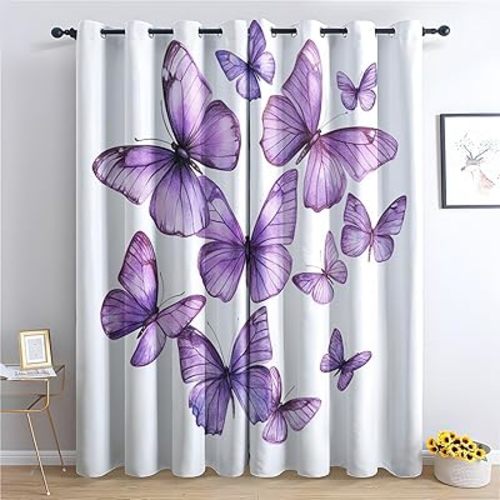 Purple Butterfly Blackout Curtains for Bedroom Living Room, Thermal Insulated Room Darkening Grommet Drapes, Girls Butterflies Window Curtains & Home Decor, 54 Inch Drapes 2 Panel Set