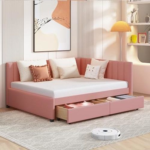 Merax Full Size Daybed with Drawers, Upholstered Full Daybed, Linen Fabric Sofa Bed Frame, No Box Spring Needed, Pink
