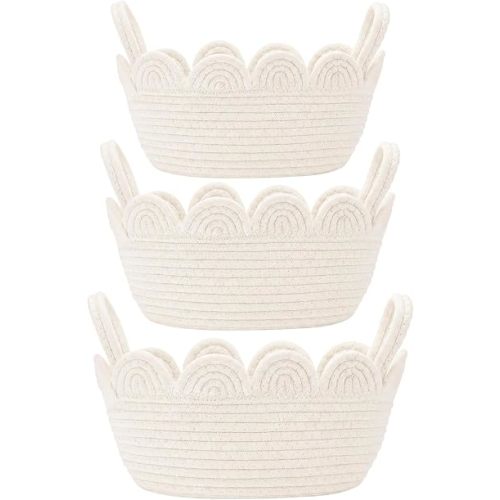 3 Pack Scalloped Woven Baskets for Organizing, White
