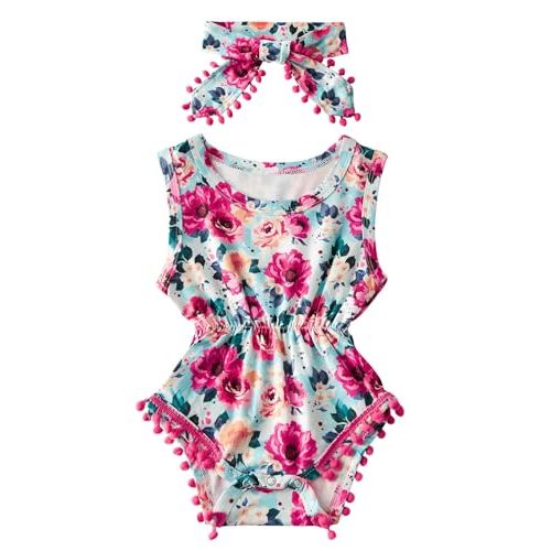 UNICOMIDEA Baby Girl Romper with Headband 3D Print Sleeveless Outfit 0-24M | Newborn Girl Clothes 0-24M,3D Print,Pom-Pom Trim, Easy Diaper Snap,Infant Baby Gift,Machine Washable