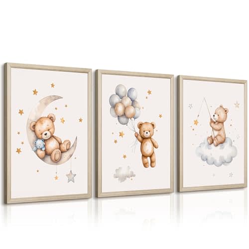 Teddy Bear Nursery Wall Art Decor Baby Boy Girl Room Poster Vintage Nursery Canvas Wall Decor Toddler Kids Room Pictures Cute Bear Neutral Artwork for Bedroom Playroom 12x16 Framed Set of 3