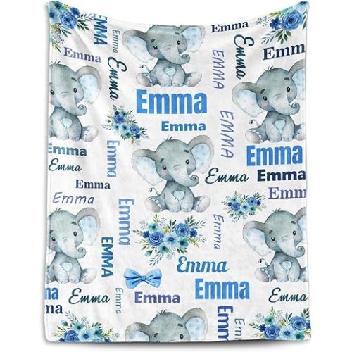 Personalized Elephant Baby Blanket with Name, Custom Name Blanket for Baby