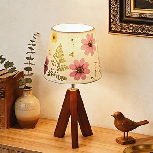 Dried Flowers Tripod Table Lamp 14.17in, 9W LED 3-Color Cute Bedside Lamp with Flowers Linen Lampshade for Nursery, Bedroom, Kid Room, Living Room, Light Brown Wooden Base