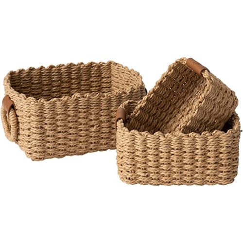 LA JOLIE MUSE Small Wicker Baskets for Organizing, Recycled Paper Rope Storage Basket Container Bins for Shelves Bathroom Cupboards Drawer, Decorative Square Basket Organizer Set of 3