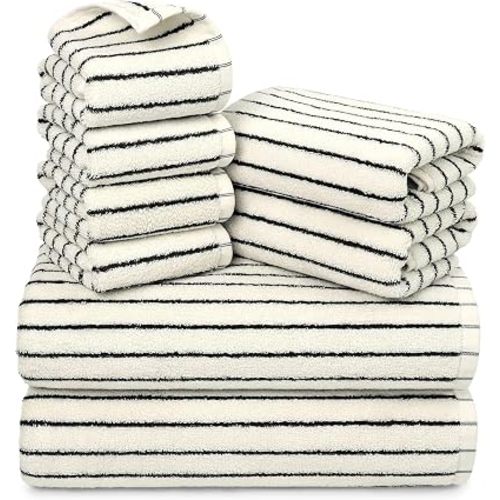 8 Piece Black and White Towel Set, Super Soft & Absorbent Cotton Striped Towels for Bathroom Decor, 2 Bath, 2 Hand, 4 Washcloths