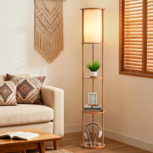 Ebern Designs 63.8" Column Floor Lamp With Solid Wood Shelves(Bulb Included) | Wayfair
