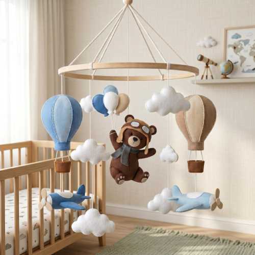 Bear Aviator Baby Mobile Felt Nursery Decor, Hot Air Balloon Crib Mobile, Airplane Cloud Adventure Theme, Baby Boy Shower Gift Birthday Gift