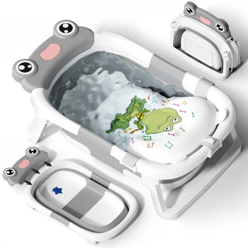 COOSEYA Baby Bathtub, Collapsible Baby Bath Tub with Cushion, Portable, Plastic, 1 Count(Frog/Grey)