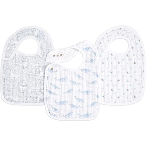 aden + anais 100% Cotton Muslin Snap Bib – Super Absorbent, Soft 3-Layer Baby Bib for Boys & Girls with Adjustable Snap-Closure for Teething, Eating, Drooling, 3-Pack, Oceanic