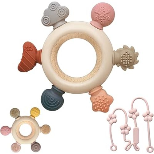 3 Packs Teether Rings for 0-6 6-12 Months Babies, Teething Toys with Pacifier Clip Holder, Baby Chew Toys for Sucking Needs, Baby Essentials
