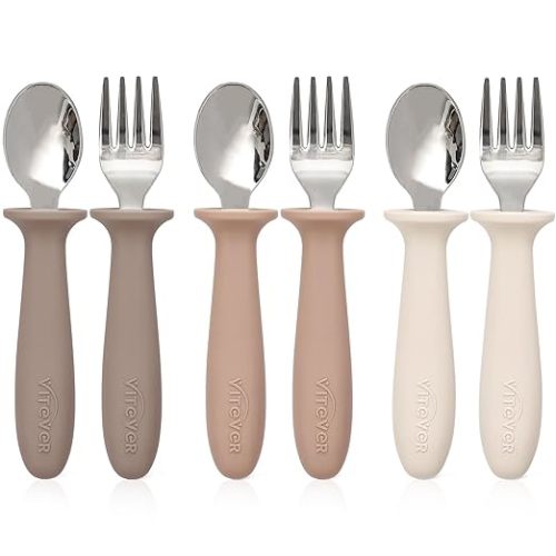 6 Pieces Toddler Utensils, Children Silverware Set with Silicone Handle, Kids Safe Spoons and Forks, Dishwasher Safe, 18/8 Stainless Steel, Food-grade Silicone，BPA Free - Tan