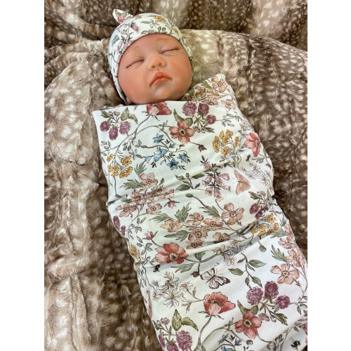 Swaddle Blanket and Knot Hat Set, Woodland Floral Receiving Blanket, Forest Baby Shower Gift, Newborn Pictures
