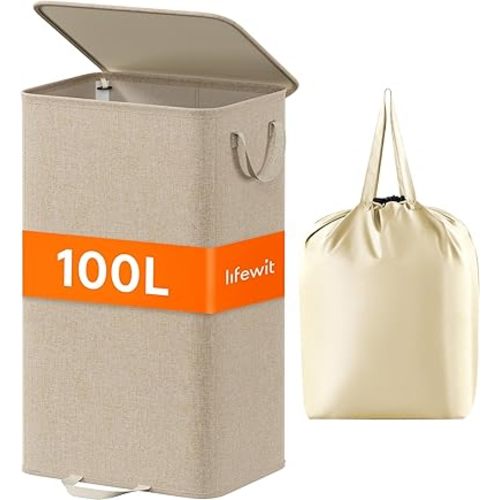 Lifewit Laundry Hamper with Lid and Removable Laundry Bag, Large Collapsible 1 Divider Dirty Clothes Basket with Handles for Bedroom, Laundry Room, Closet, Bathroom, College, 100L Beige