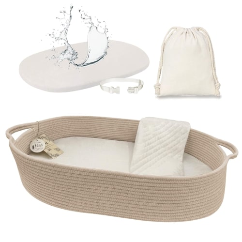 Baby Changing Basket with Pads and Safety Belt 100 Cotton Boho Baby Moses Basket Changing Table Thick Pad Waterproof Mattress Cover Nursery Decor Taupe with Storage Bag - TikTok Shop