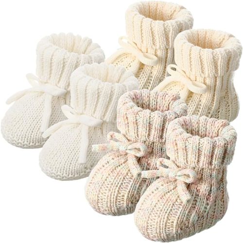 3 Pairs Knitted Baby Booties 0-6 Months Newborn Baby Shoes First Walkers Cozy Shoes for Infant Girl Boy