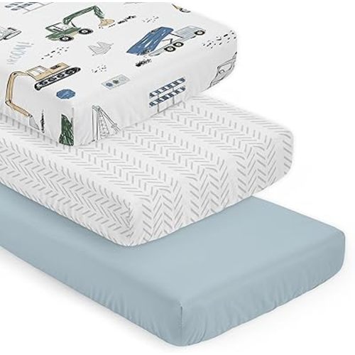 Sweet Jojo Designs 3-Piece Baby Crib Sheets Set (Construction Truck) for Boys, Infant Nursery, Toddler Room - Fitted, Standard Size (White/Grey Tire Track, Solid Blue & Transportation Zone Vehicles)
