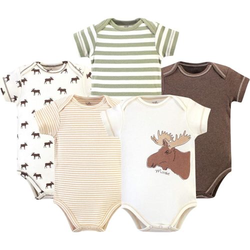 Touched by Nature Unisex Baby Organic Cotton Bodysuits, Moose 5-Pack, 6-9 Months