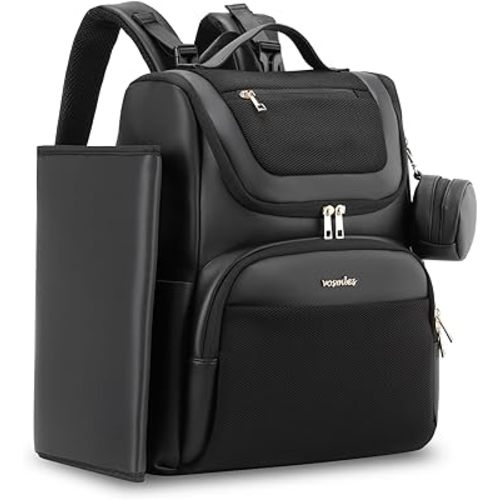 Mochila grande de cuero para pañales, bolsa de viaje para bebé con cambiador, bolsillos aislados, correas para cochecito y funda para chupete, bolsa de pañales resistente al agua para mamá y papá, color negro