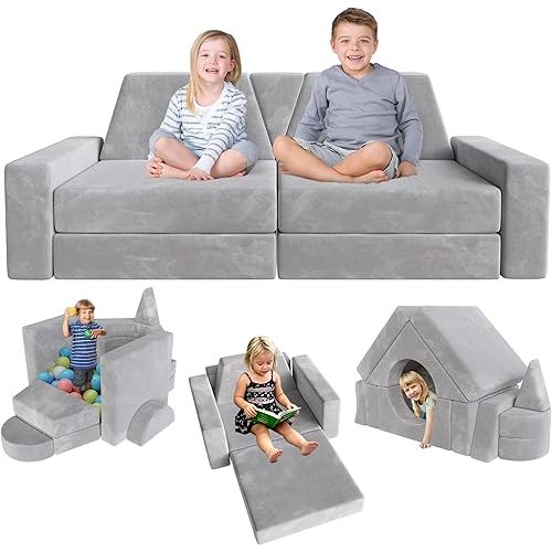 YEFU 15pcs Modular Kids Play Couch, Kids Couch for Toddler & Children, Toddler couches, Kid Couches Fort Building kit for Playroom Furniture, Kid Play Couches, Convertible Sofa for Boys & Girls, Grey