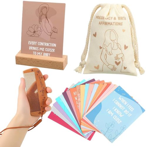 Yungyan 23 Pcs Birthing Comb Gifts Set Includes Wooden Labor Comb Pregnancy Birth Affirmation Cards Canvas Bag for Pregnant Women Labor Pain Relief Essentials, New Mom Positive Encouragement Gifts