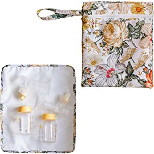 Breast Pump Bag Wet Bag - Pump Bag with Floral Pattern Wet Dry Bag for Breast Pump Parts Pumping Bag Size is 13" by 11" Pump Bag for Breast Pump with Preparation Mat and Removable Waterproof Insert