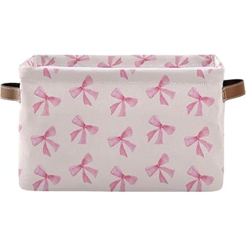 xigua Pink Bow Storage Basket Collapsible Toy Storage Bins Waterproof Canvas Storage Basket with Leather Handles for Home Closets Offices,Bedrooms,Toy and Gift Baskets,1PCS