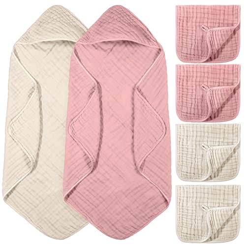 VitalCozy 6 Pcs Baby Muslin Hooded Bath Towels and Washcloths, 32 x 32 Inch Muslin Cotton Hooded Baby Towels Absorbent Blankets for Gift Newborn Infant Shower(Dark Pink, Light Brown)
