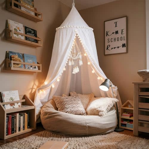 LOAOL Bed Canopy with Pom Pom Kids Reading Nook Hanging Tent (White) | Canopy for Kids Crib Baby Girl Netting Cover Canopy Crib Curtain Nursery Play Game Castle Room Decoration