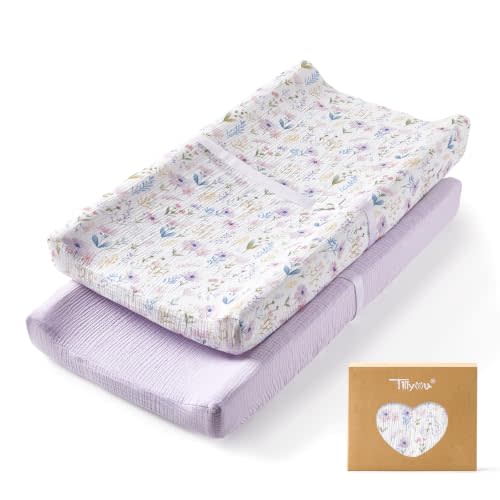 TILLYOU 2 Pack Muslin Changing Pad Cover, 32"x16" Changing Table Cover | 100% Cotton, Soft & Breathable Changing Pad Sheets, Stretch-Fit Changing Pads For Girls And Boys(Lilac Bloom)