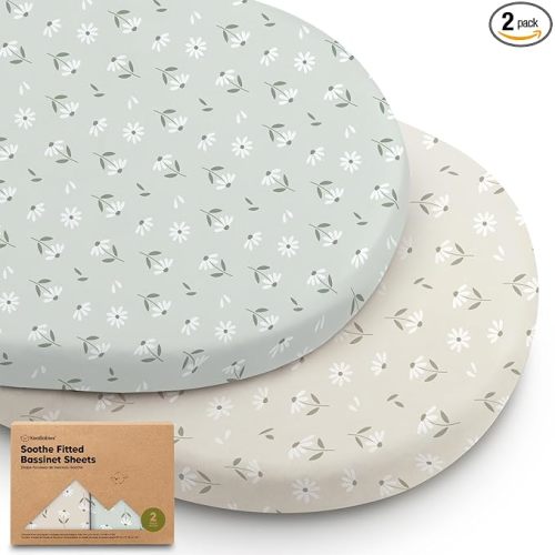 2-Pack Organic Baby Bassinet Sheets Boys, Girls - 100% Cotton Bassinet Mattress Sheets Compatible with Halo Bassinest Swivel Sleeper, Graco, Baby Delight, Universal Bassinet Fitted Sheets (Daisies)
