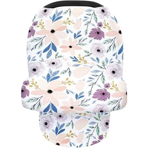 Car Seat Cover Nursing Breastfeeding Cover for Privacy Floral Print Carseat Canopy for Girls (Purple)