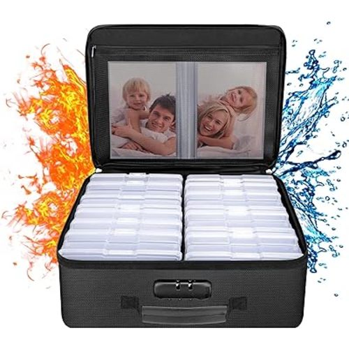 ENGPOW Fireproof Photo Storage Box with 16 Inner 4" x 6" Photo Case(Clear),Photo Box Organizer with Lock,Collapsible Portable Photo Storage Containers with Handle for Photos,Picture,Valuables