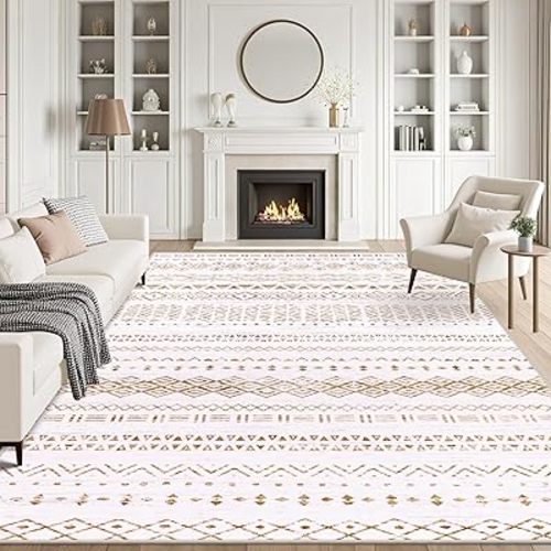 8x10 Area Rugs Living Room Rug: Washable Rug Neutral Lagre Soft Thin Carpet Indoor Floor Non Slip Boho Geometric Moroccan Carpets for Bedroom Dining Room Farmhouse Nursery Office - Brown