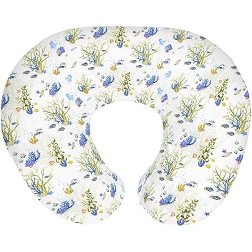 Colorful Fishes Jellyfish Corals Sea Weeds Baby Nursing Pillow Cover for Boy Girl Boho Summer Beach Nursery Pillowcase for Breastfeeding Pillows Ocean Marine Soft Stretchy Slipcover for Newborn Infant
