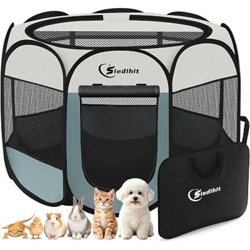 Siedihit Dog Cat Playpen, Puppy Pet Playpen Indoor for Small Dog Crate Tent Cage Outdoor, Portable Pop Up Dogs Enclosure Kennel with Carrying Case for Dogs/Cats/Rabbits(Grey, Small
