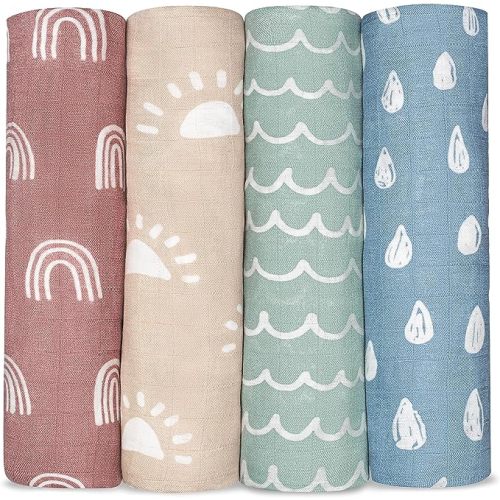 Comfy Cubs Muslin Swaddle Blankets Neutral Receiving Blanket Swaddling, Wrap for Boys and Girls, Baby Essentials, Registry & Gift (Sun, Rainbow, Rain, Doodle)