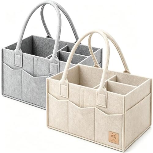 HIPHOP PANDA 2-Pack Diaper Caddy Organizer - Newborn Essentials Baby Registry Must Haves - Sturdy Nursery Storage Bin & Portable Car Caddy for Diapers & Wipes - Grey/Oatmeal Gift Set