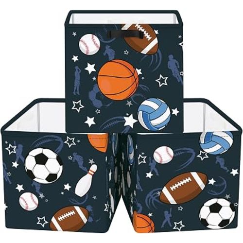 Clastyle 3 pcs Sport Ball Cube Storage Unit Bin with Metal Frame Foldable Kallax Box for Shelves Parents Closet Organizer Basket for Book Clothes Toy Organizer, Basketball, 11.8x11.8x11.8 in