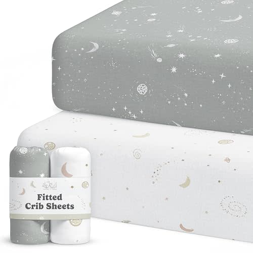 Crib Sheets Neutral - Fitted Baby Crib Sheets Bed for Girl Boy - 2 Pack Standard & Toddler Mattress (Galaxy, Moon, and Stars) - Buttery Soft Organic Cotton Blend