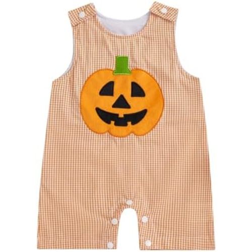 SAYOO Newborn Baby Girl Boy Halloween Outfit Sleeveless Pumpkin Embroidered Bubble Jumpsuit Romper Plaid Shortall Clothes