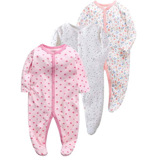 QEFJNO Newborn Baby Girls' 3-pack Sleep and Play Footies Pajamas One-Piece Sleeper Button Jumpsuit Cotton Polka Dots PJs