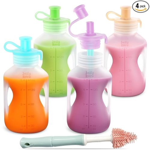 Silicone Reusable Baby Food Pouches with Straws, 4 Pack Leakproof Refillable Squeeze Pouches, Dishwasher, Freezer, Microwave Safe, 5OZ Baby Food Storage for Homemade Puree, Yogurt