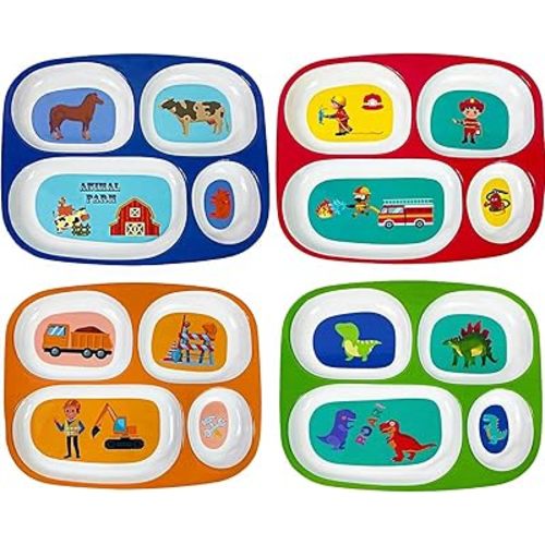 4E's Novelty Set of 4 Melamine Dinner Plates for Kids Boys - Divided Plates for Picky Eater Toddlers, BPA Free, Toddler Eating Essentials, Kids Divided Plates, Toddler Boy Plates, Kids Dinnerware Set